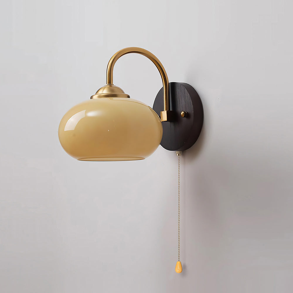 Wall Lamp Retro with Arched Brass Arm and Glass Dome Shade with Pull Chain