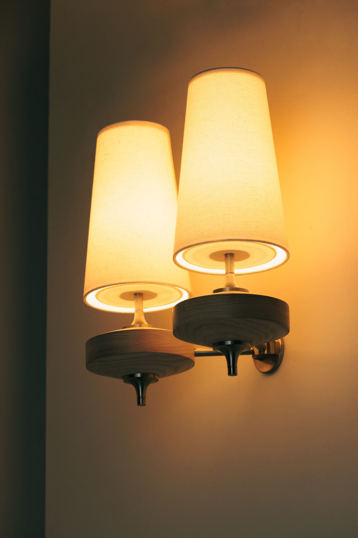 Wall Lamp Retro with Wood and Brass Body and Cone Shade
