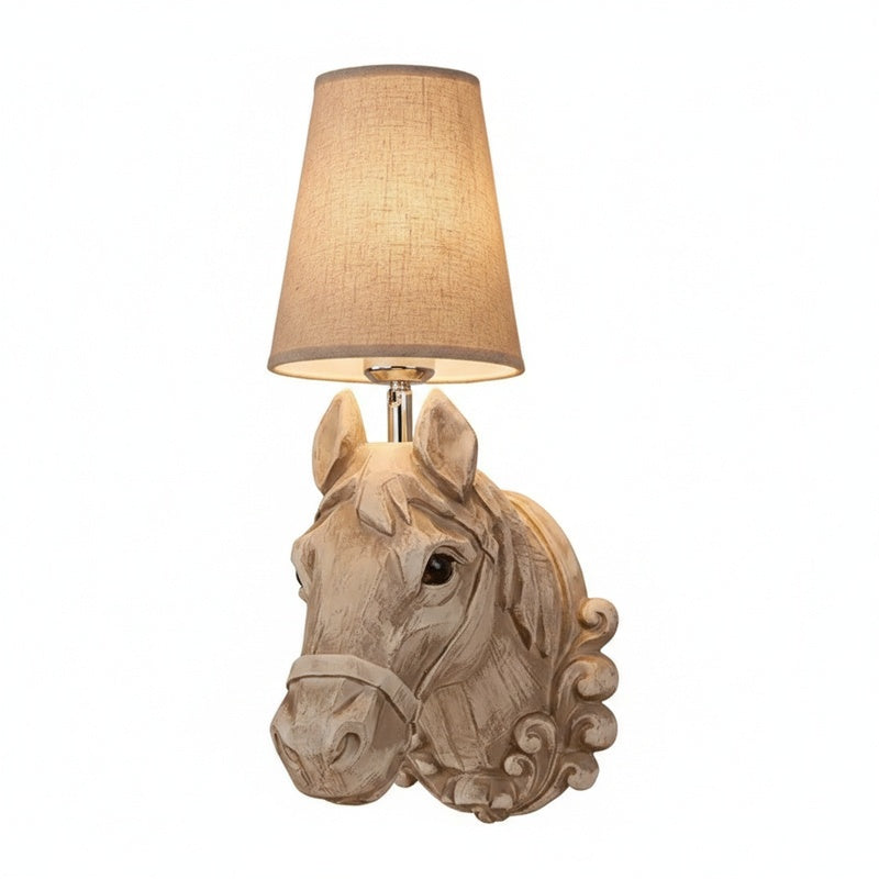 Wall Lamp Rural Style with Horse Head Base and Fabric Cone Shade