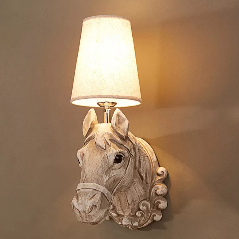 Wall Lamp Rural Style with Horse Head Base and Fabric Cone Shade