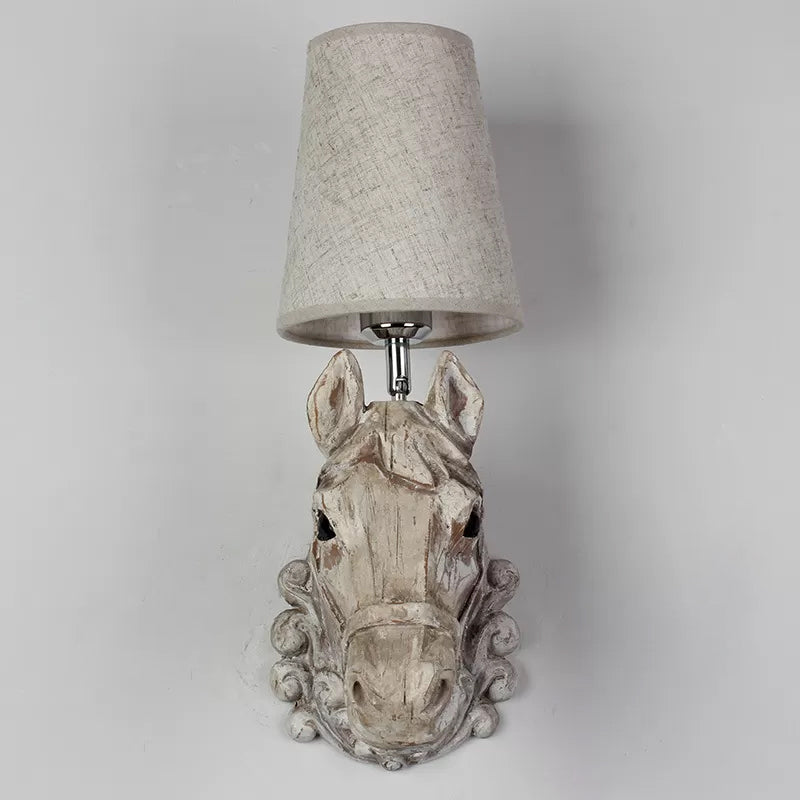 Wall Lamp Rural Style with Horse Head Base and Fabric Cone Shade