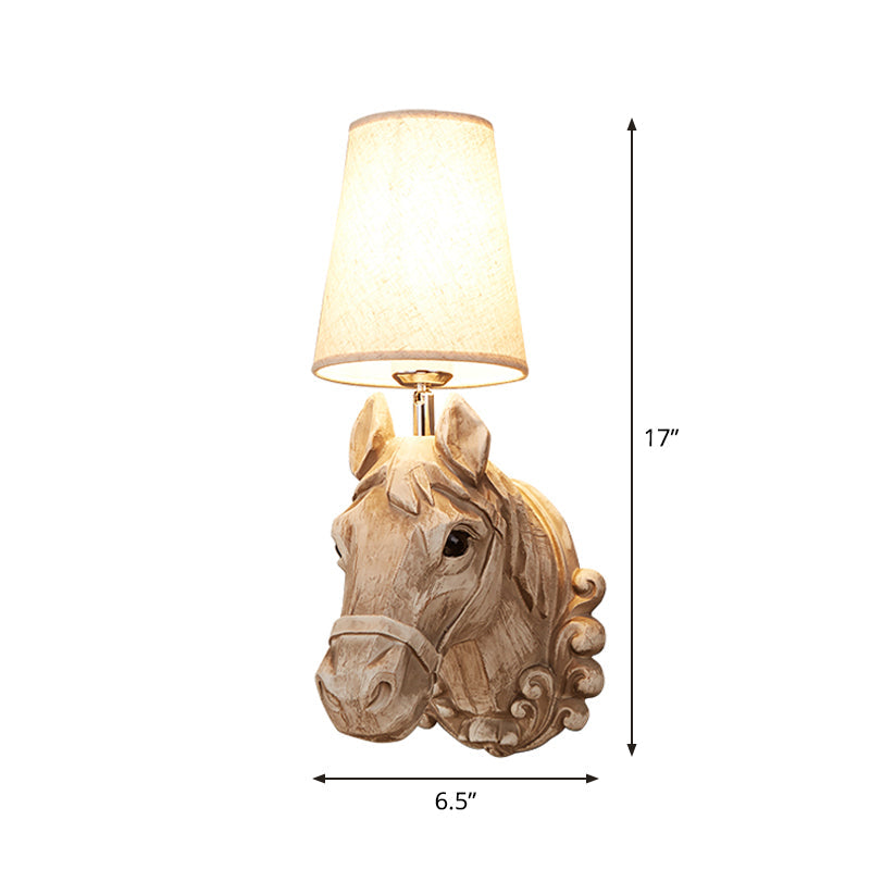 Wall Lamp Rural Style with Horse Head Base and Fabric Cone Shade