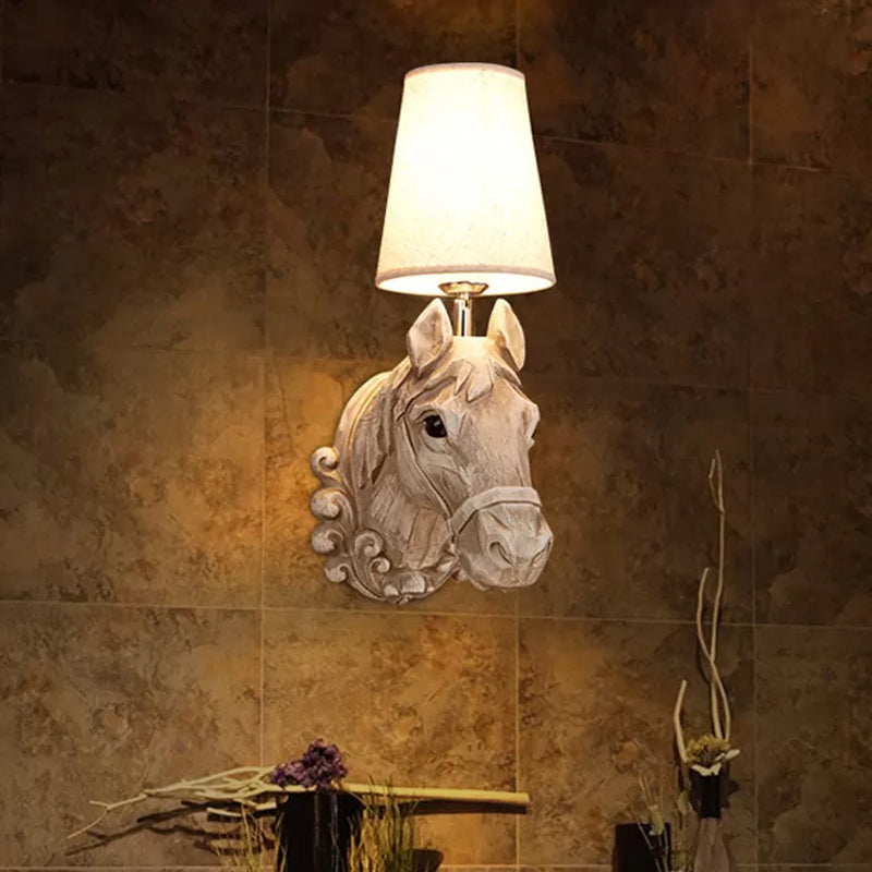 Wall Lamp Rural Style with Horse Head Base and Fabric Cone Shade