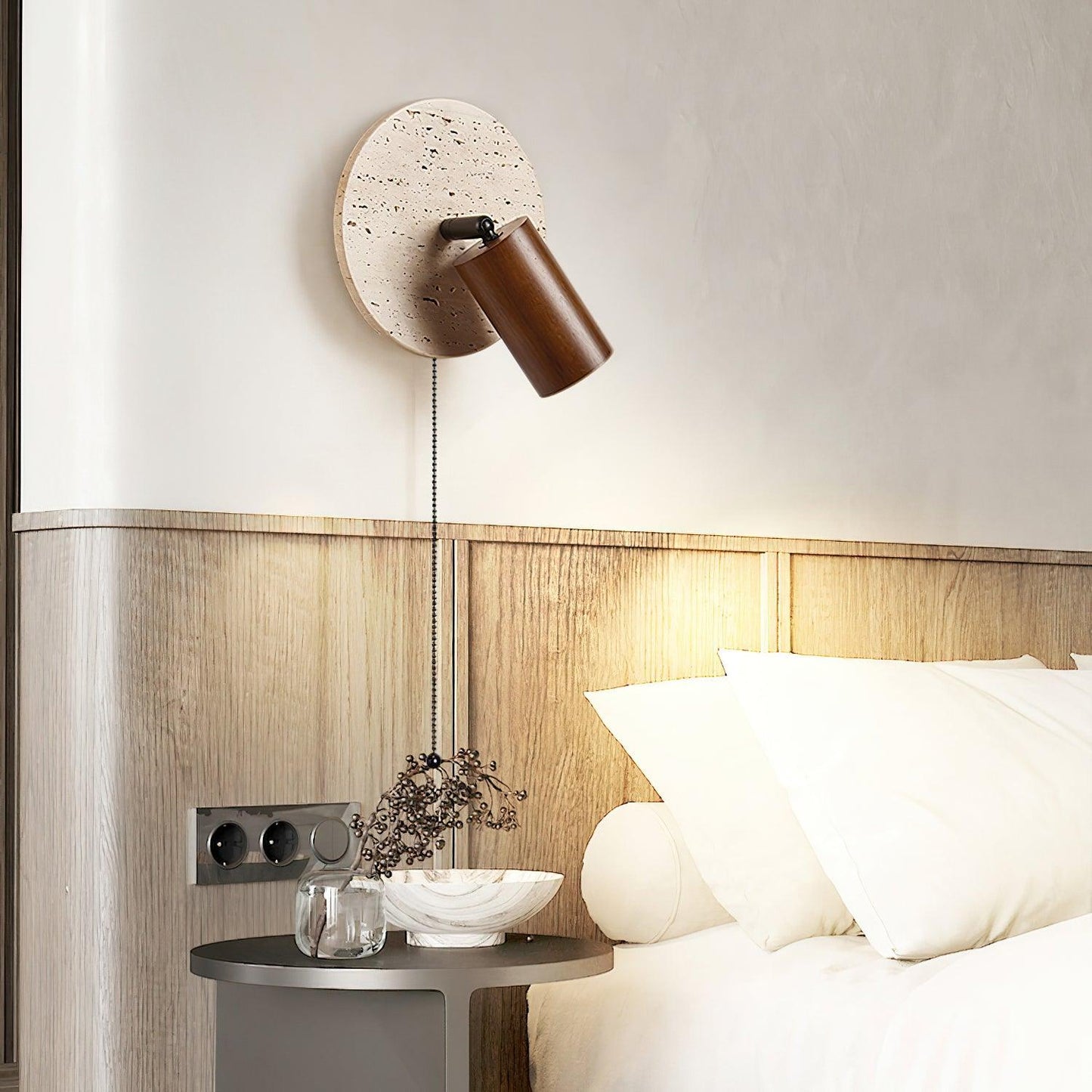 Wall Lamp Scandinavian Travertine Disc with Adjustable Spotlight and Pull Chain Switch