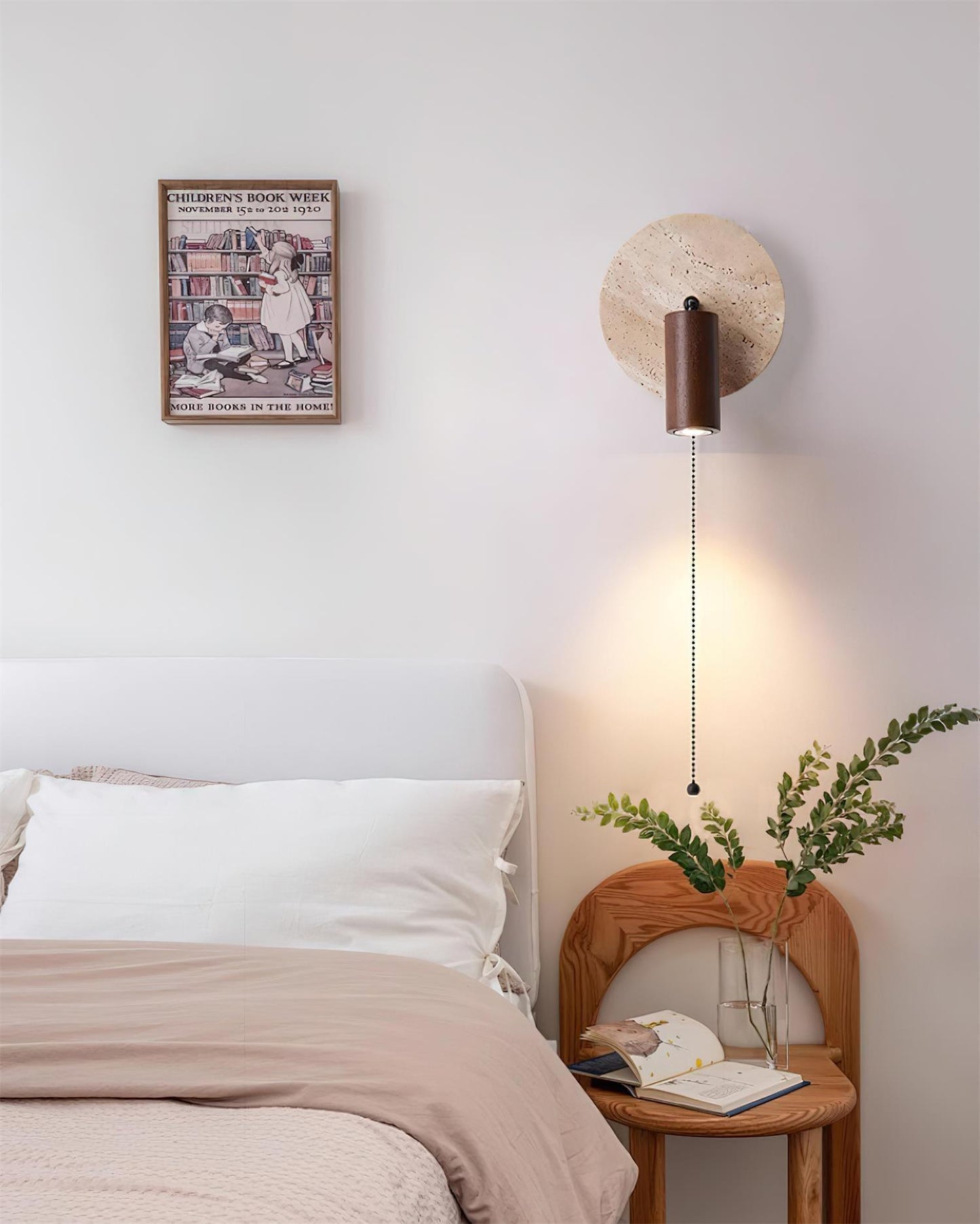 Wall Lamp Scandinavian Travertine Disc with Adjustable Spotlight and Pull Chain Switch