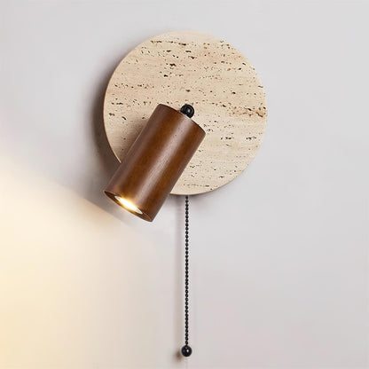 Wall Lamp Scandinavian Travertine Disc with Adjustable Spotlight and Pull Chain Switch