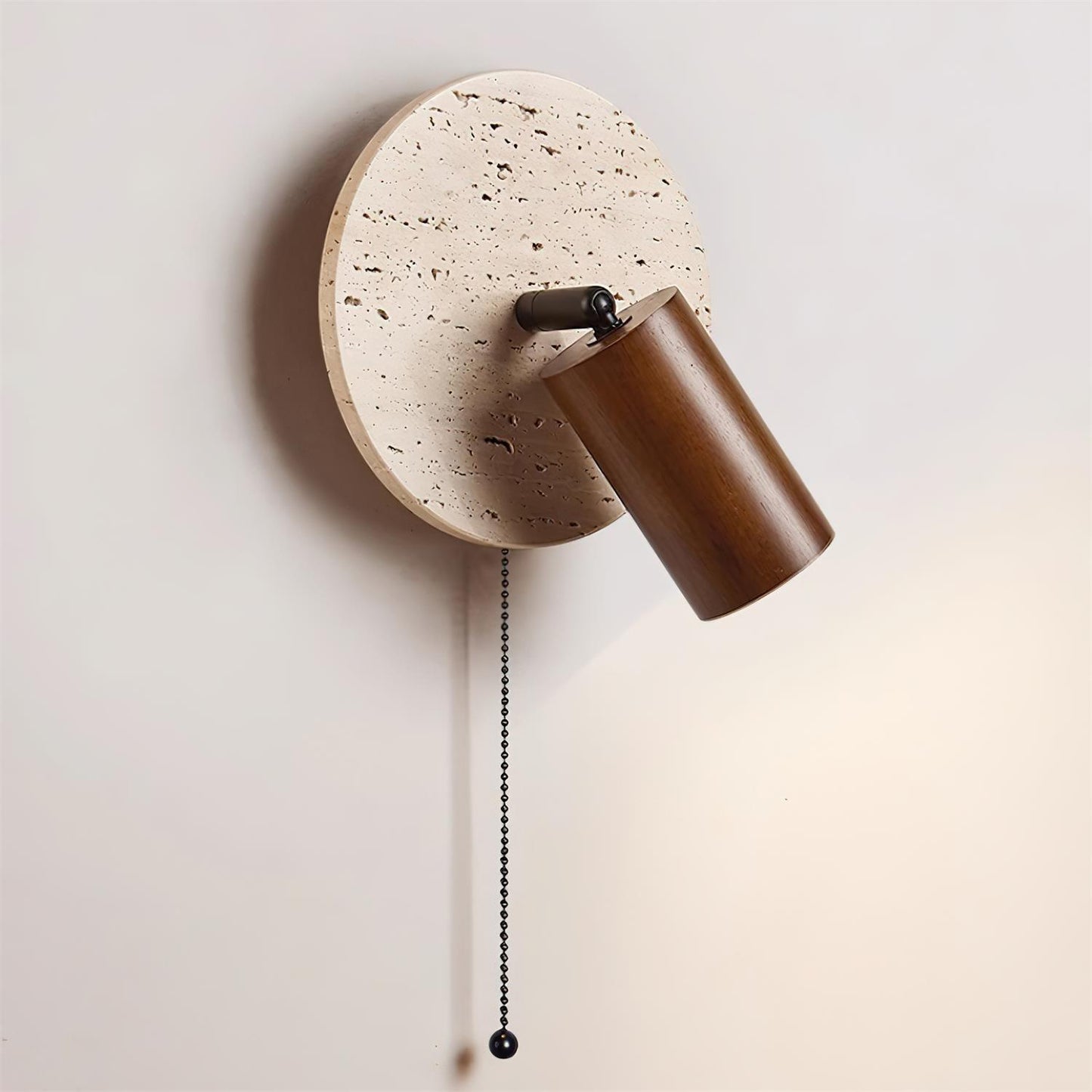Wall Lamp Scandinavian Travertine Disc with Adjustable Spotlight and Pull Chain Switch