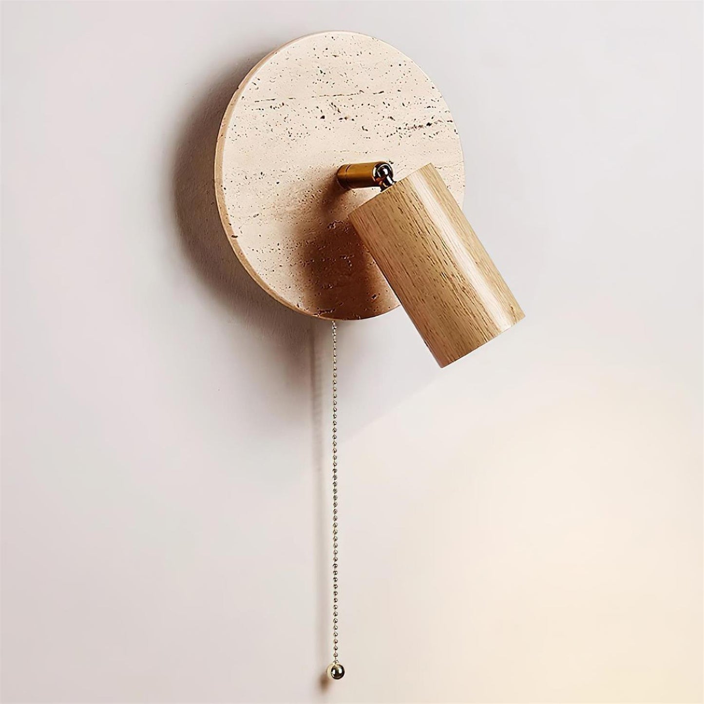 Wall Lamp Scandinavian Travertine Disc with Adjustable Spotlight and Pull Chain Switch