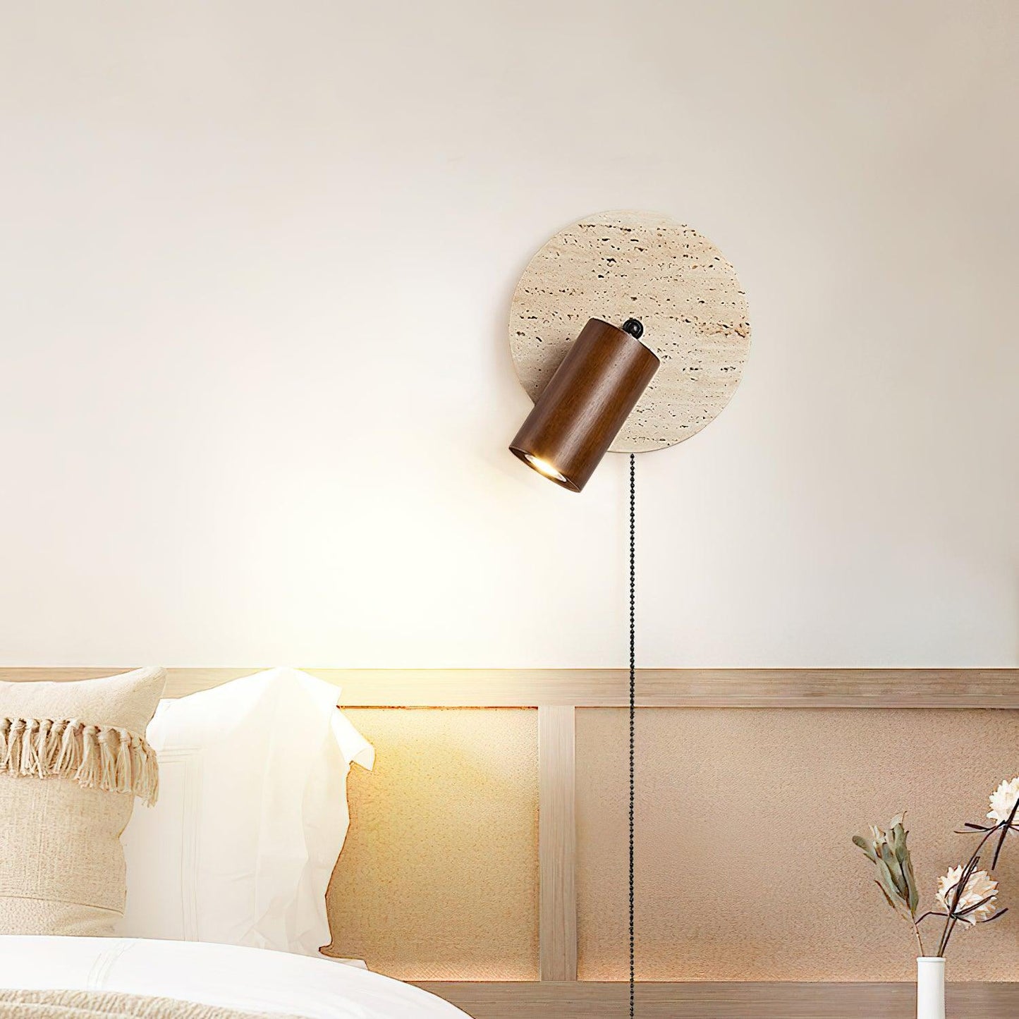 Wall Lamp Scandinavian Travertine Disc with Adjustable Spotlight and Pull Chain Switch