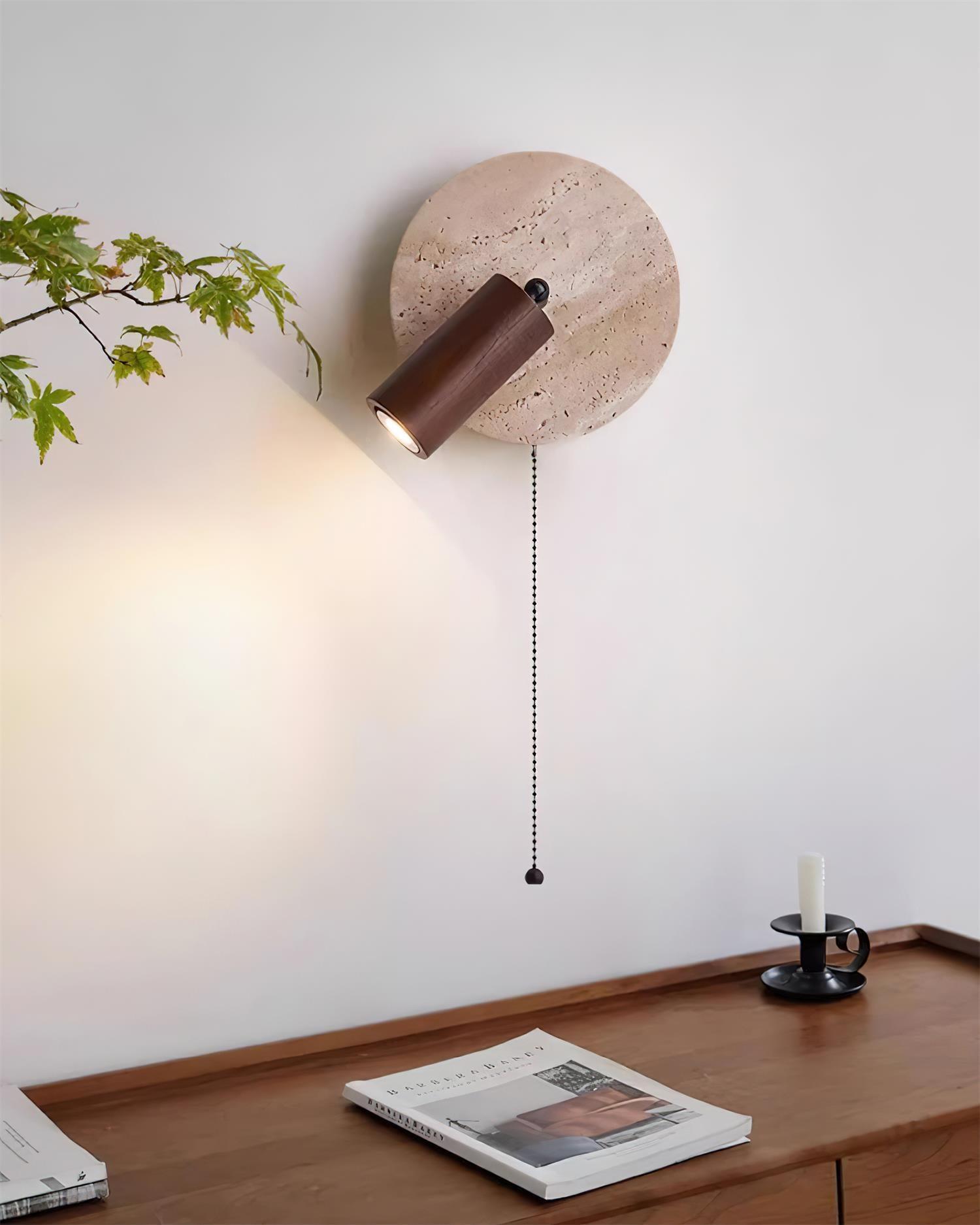 Wall Lamp Scandinavian Travertine Disc with Adjustable Spotlight and Pull Chain Switch