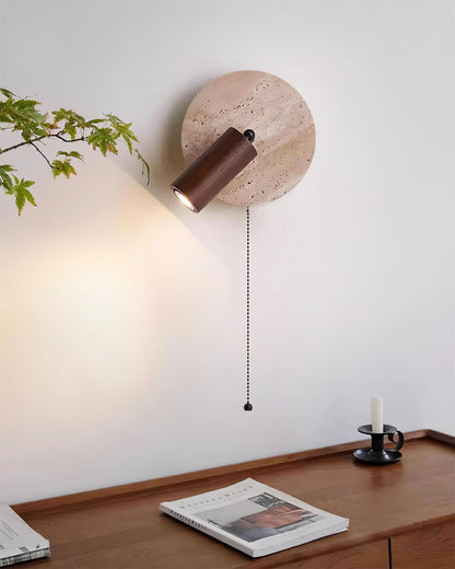 Wall Lamp Scandinavian Travertine Disc with Adjustable Spotlight and Pull Chain Switch