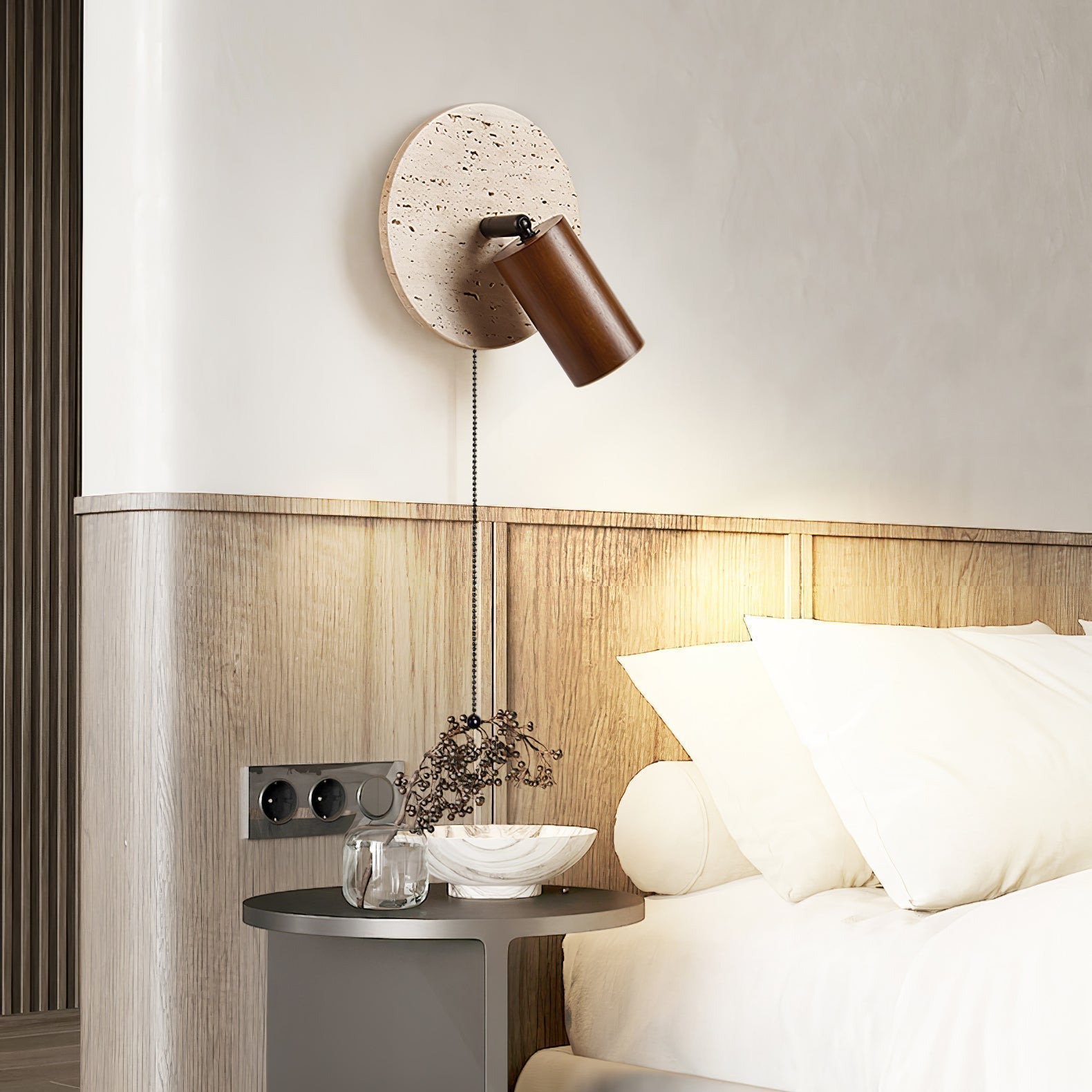 Wall Lamp Scandinavian Travertine Disc with Adjustable Spotlight and Pull Chain Switch