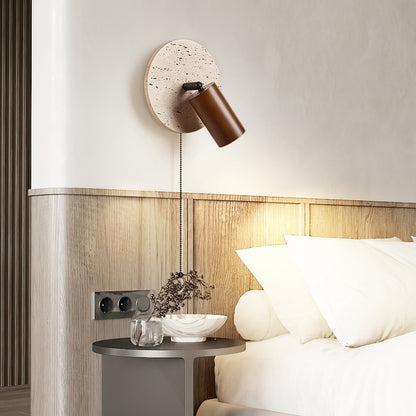 Wall Lamp Scandinavian Travertine Disc with Adjustable Spotlight and Pull Chain Switch