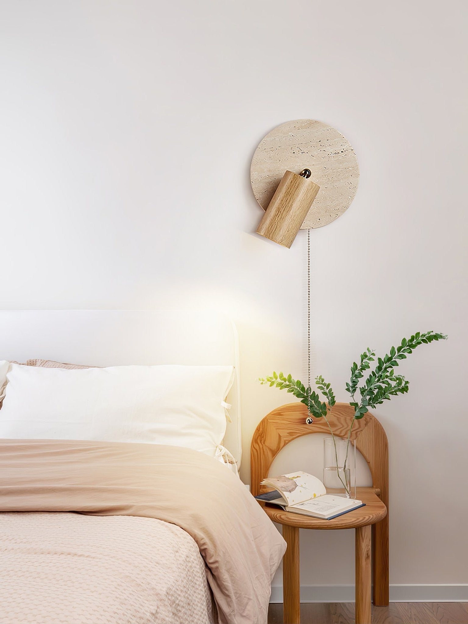Wall Lamp Scandinavian Travertine Disc with Adjustable Spotlight and Pull Chain Switch