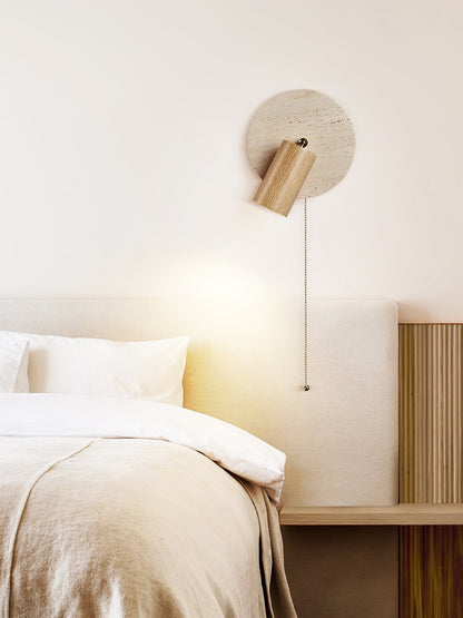 Wall Lamp Scandinavian Travertine Disc with Adjustable Spotlight and Pull Chain Switch