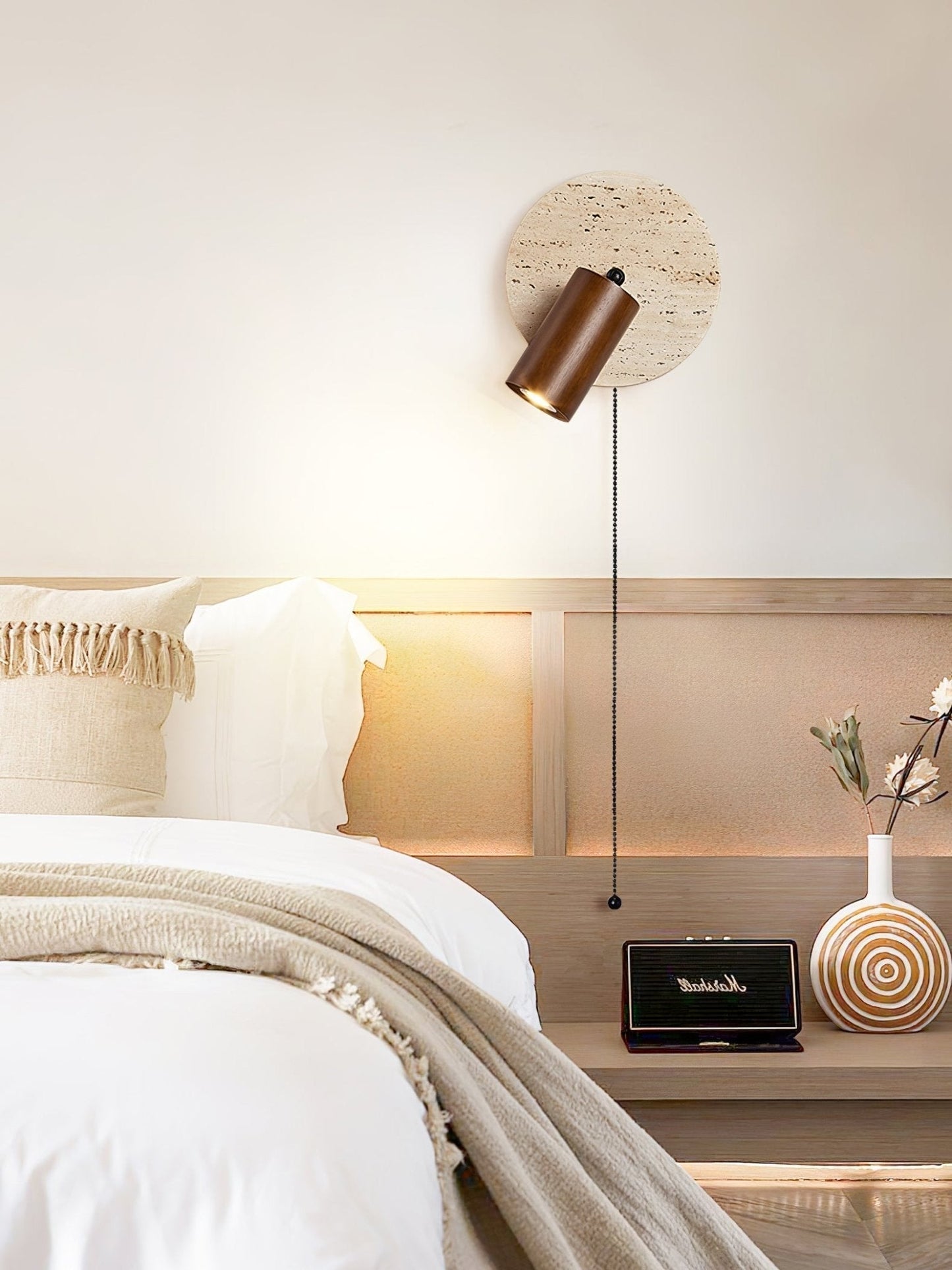 Wall Lamp Scandinavian Travertine Disc with Adjustable Spotlight and Pull Chain Switch