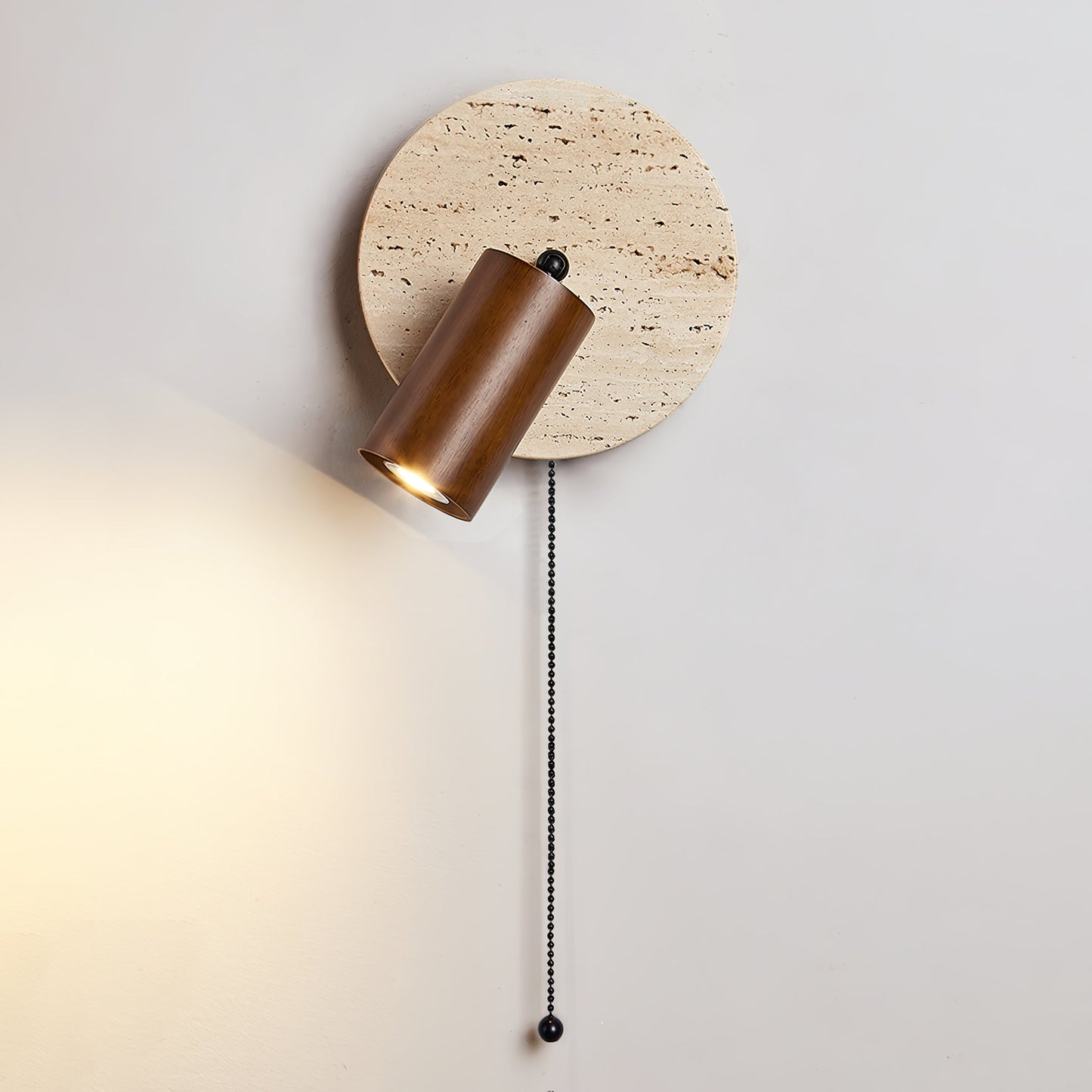 Wall Lamp Scandinavian Travertine Disc with Adjustable Spotlight and Pull Chain Switch