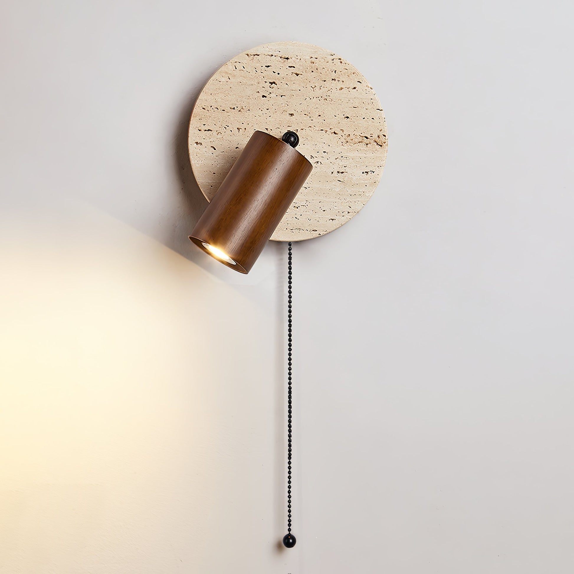 Wall Lamp Scandinavian Travertine Disc with Adjustable Spotlight and Pull Chain Switch