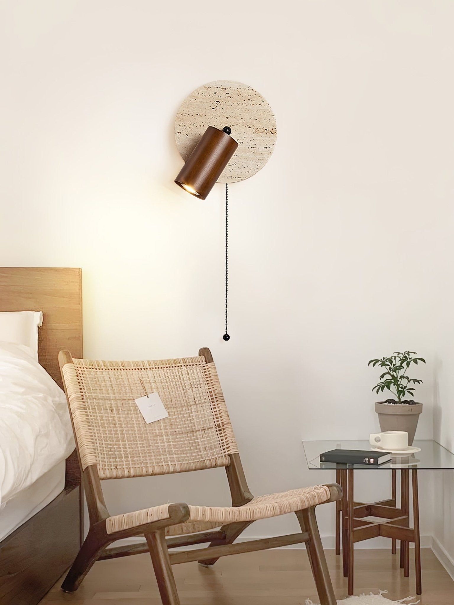 Wall Lamp Scandinavian Travertine Disc with Adjustable Spotlight and Pull Chain Switch