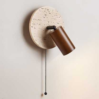 Wall Lamp Scandinavian Travertine Disc with Adjustable Spotlight and Pull Chain Switch
