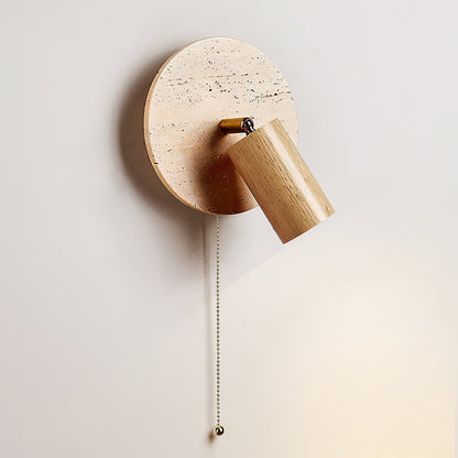 Wall Lamp Scandinavian Travertine Disc with Adjustable Spotlight and Pull Chain Switch