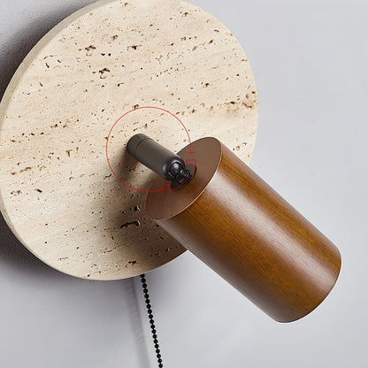 Wall Lamp Scandinavian Travertine Disc with Adjustable Spotlight and Pull Chain Switch