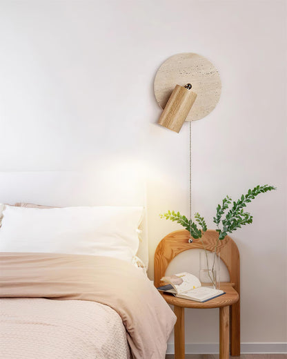 Wall Lamp Scandinavian Travertine Disc with Adjustable Spotlight and Pull Chain Switch