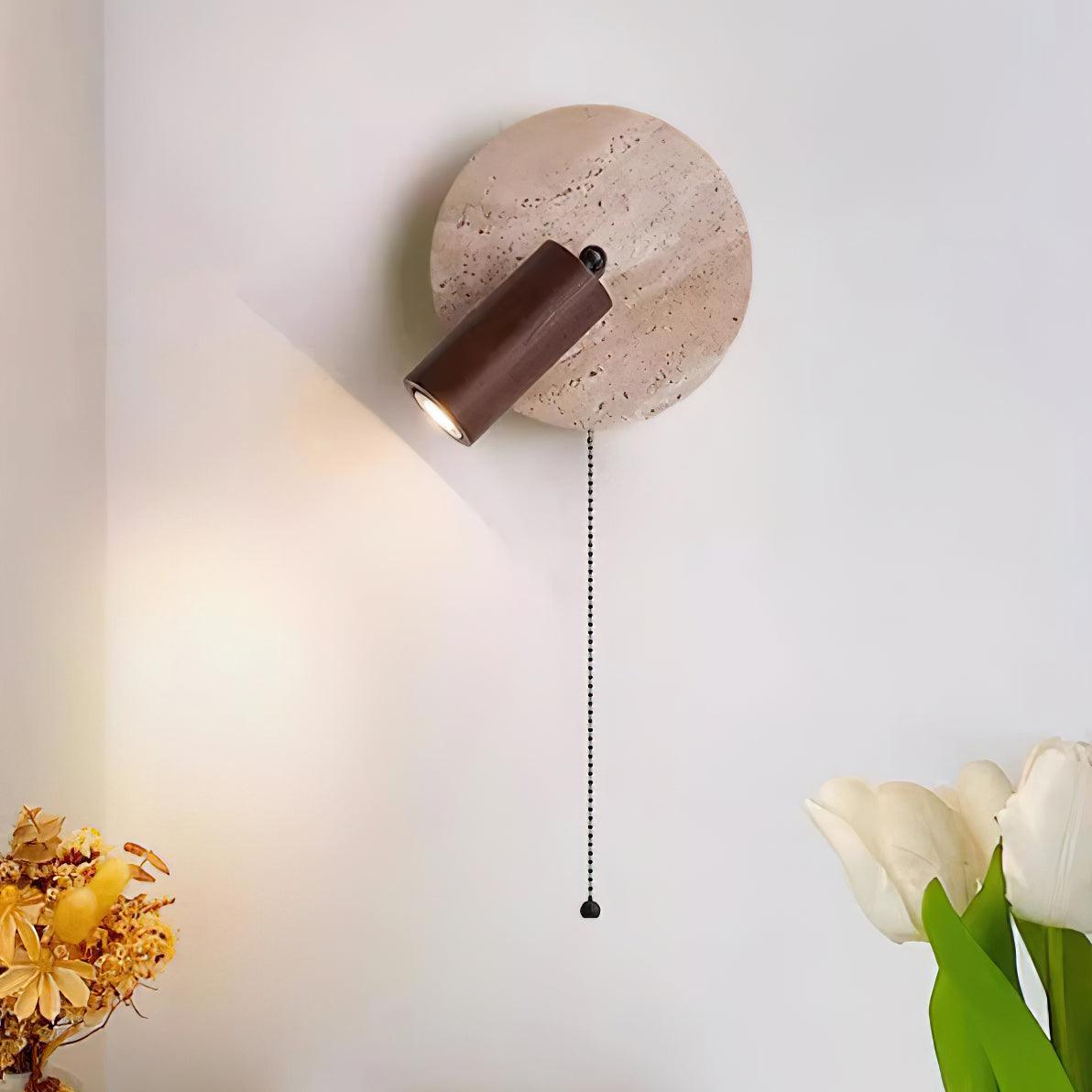 Wall Lamp Scandinavian Travertine Disc with Adjustable Spotlight and Pull Chain Switch