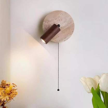 Wall Lamp Scandinavian Travertine Disc with Adjustable Spotlight and Pull Chain Switch