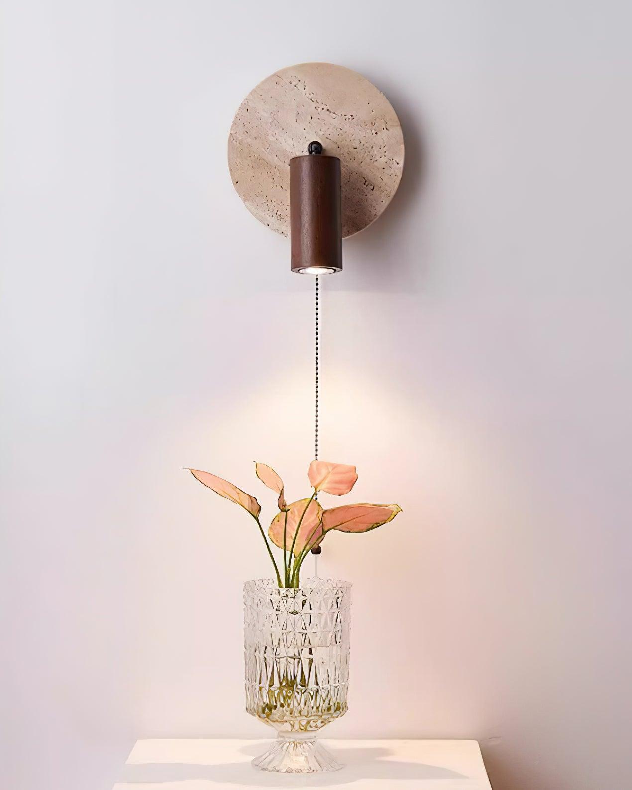 Wall Lamp Scandinavian Travertine Disc with Adjustable Spotlight and Pull Chain Switch