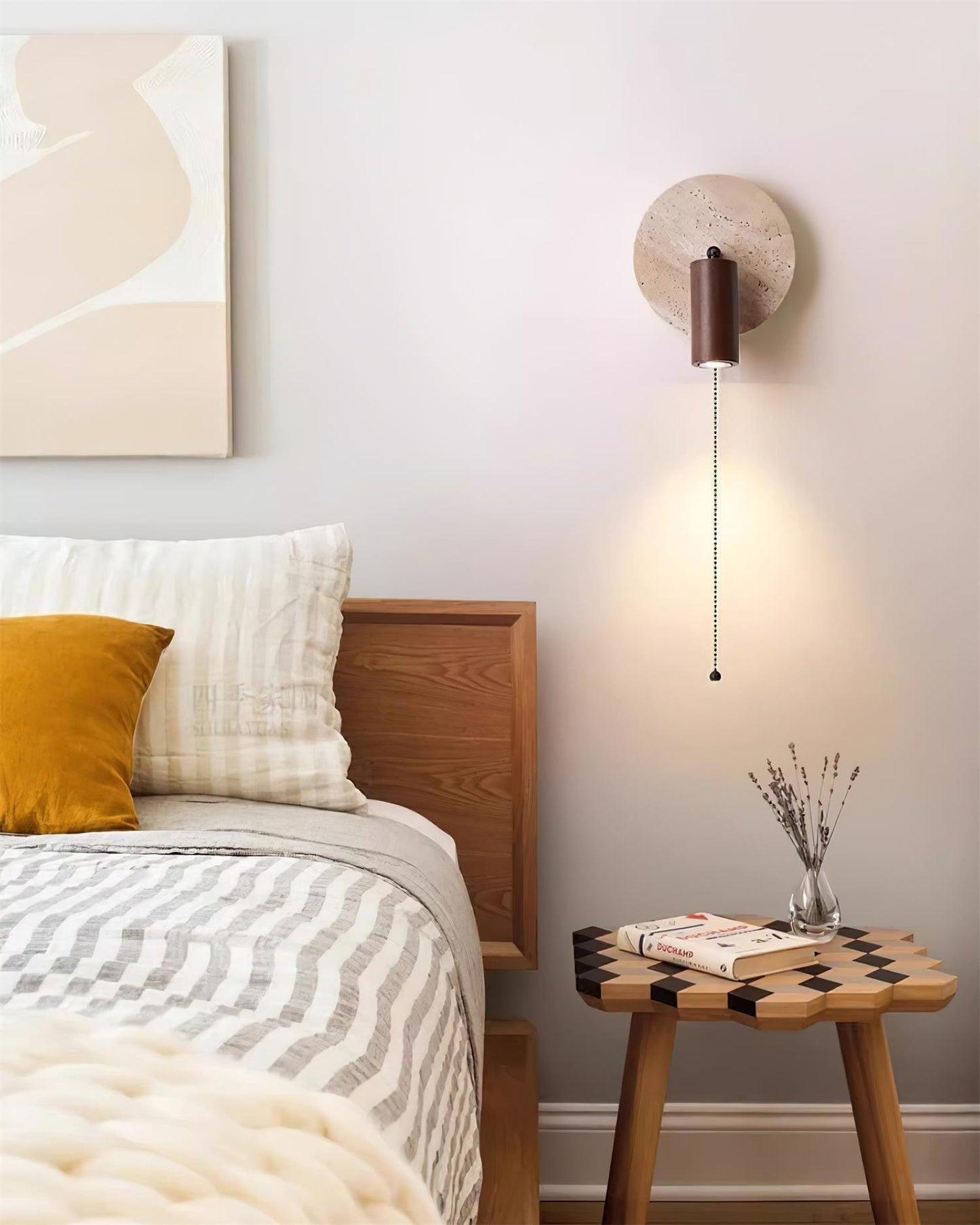 Wall Lamp Scandinavian Travertine Disc with Adjustable Spotlight and Pull Chain Switch