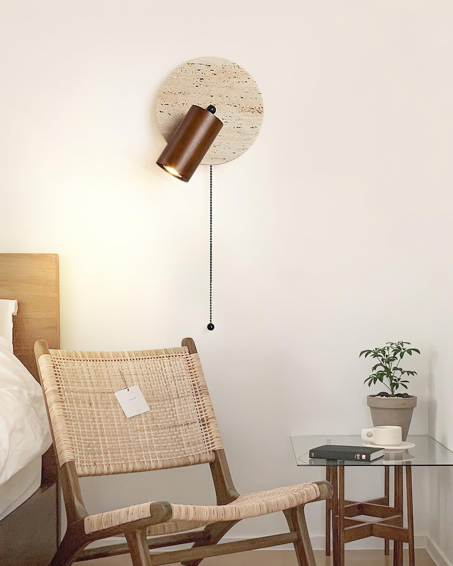 Wall Lamp Scandinavian Travertine Disc with Adjustable Spotlight and Pull Chain Switch