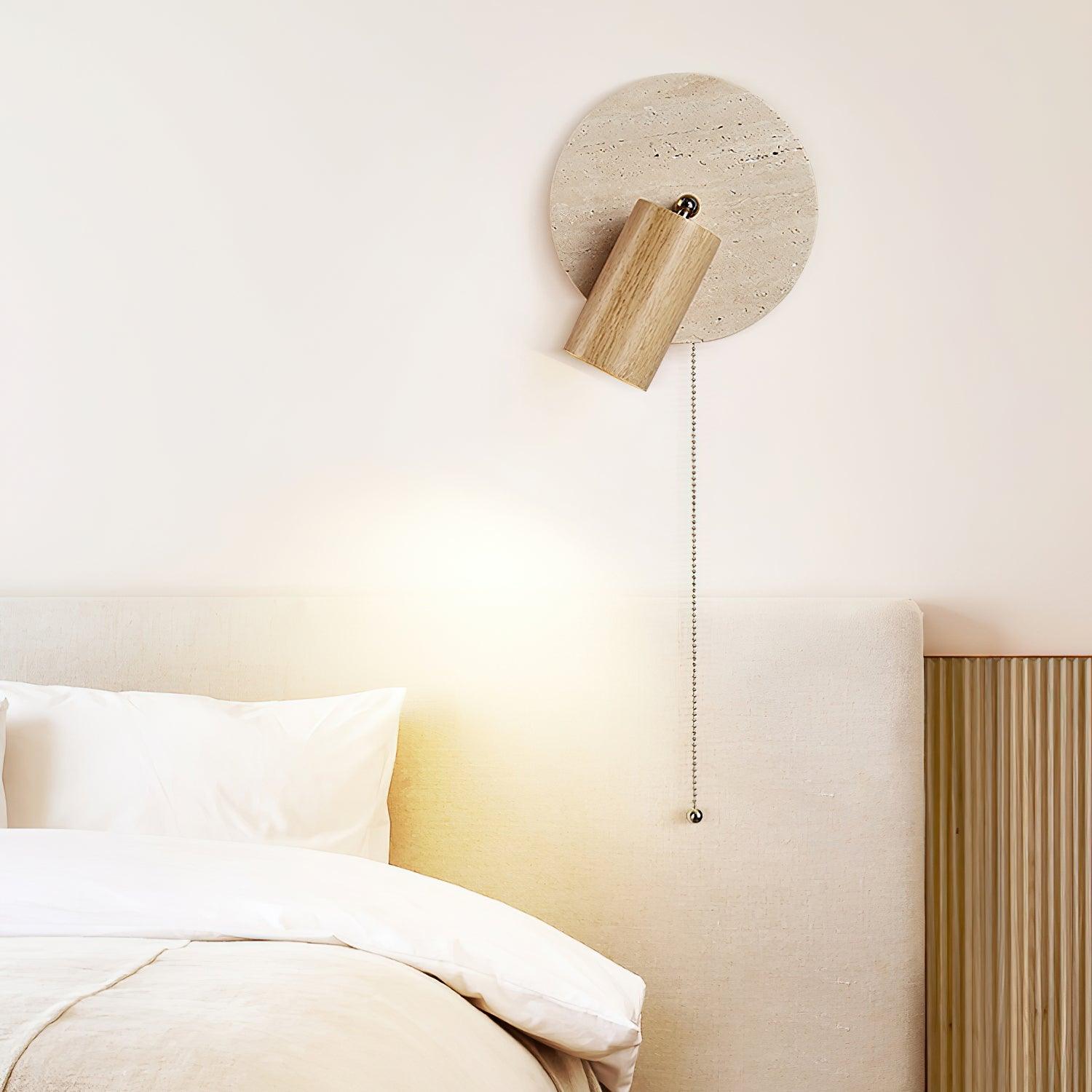 Wall Lamp Scandinavian Travertine Disc with Adjustable Spotlight and Pull Chain Switch