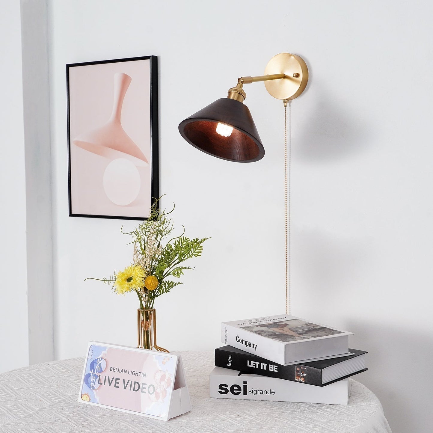 Wall Lamp Scandinavian Vintage with Pull Chain Switch and Wood Shade