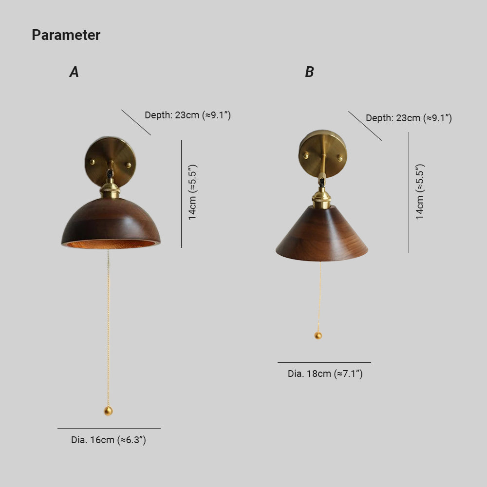 Wall Lamp Scandinavian Vintage with Pull Chain Switch and Wood Shade