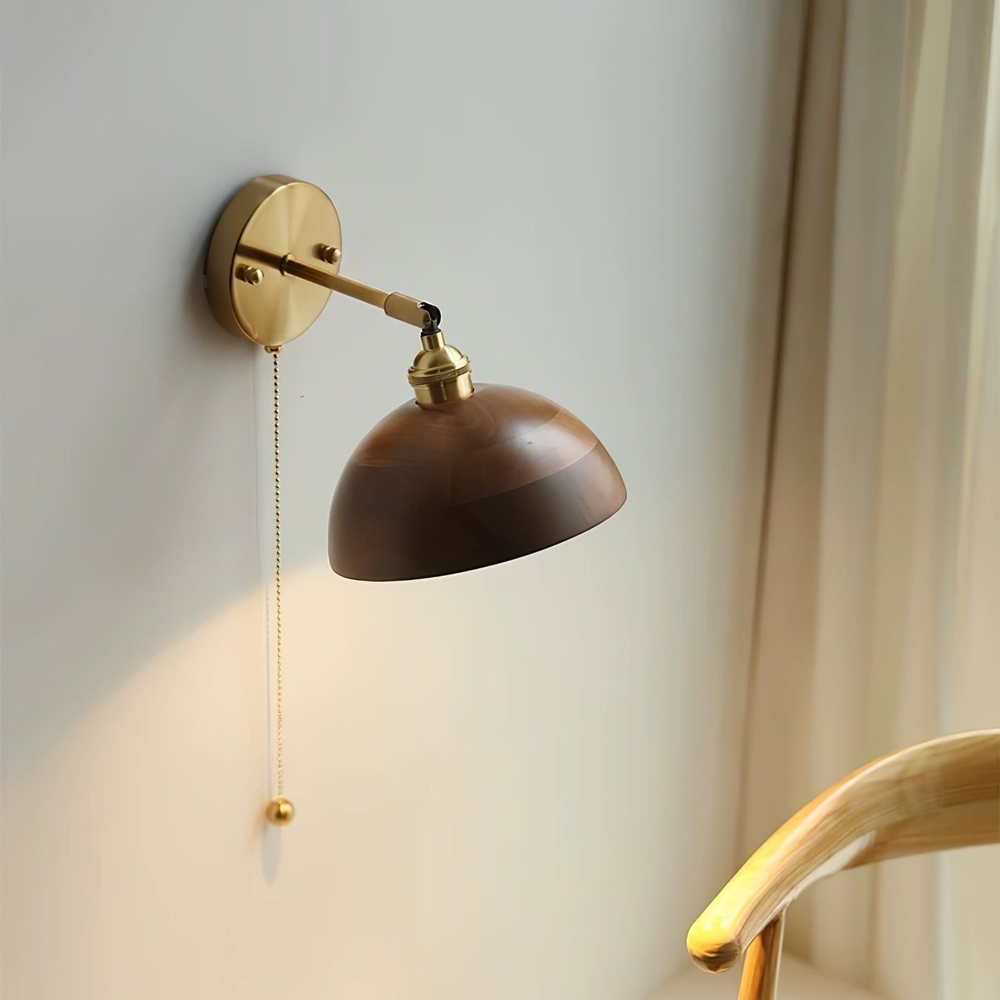Wall Lamp Scandinavian Vintage with Pull Chain Switch and Wood Shade