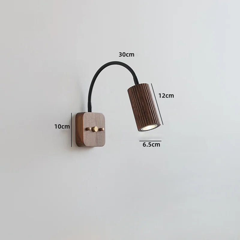 Wall Lamp Scandinavian with Flexible Arm and Ribbed Wood Cylinder Shade