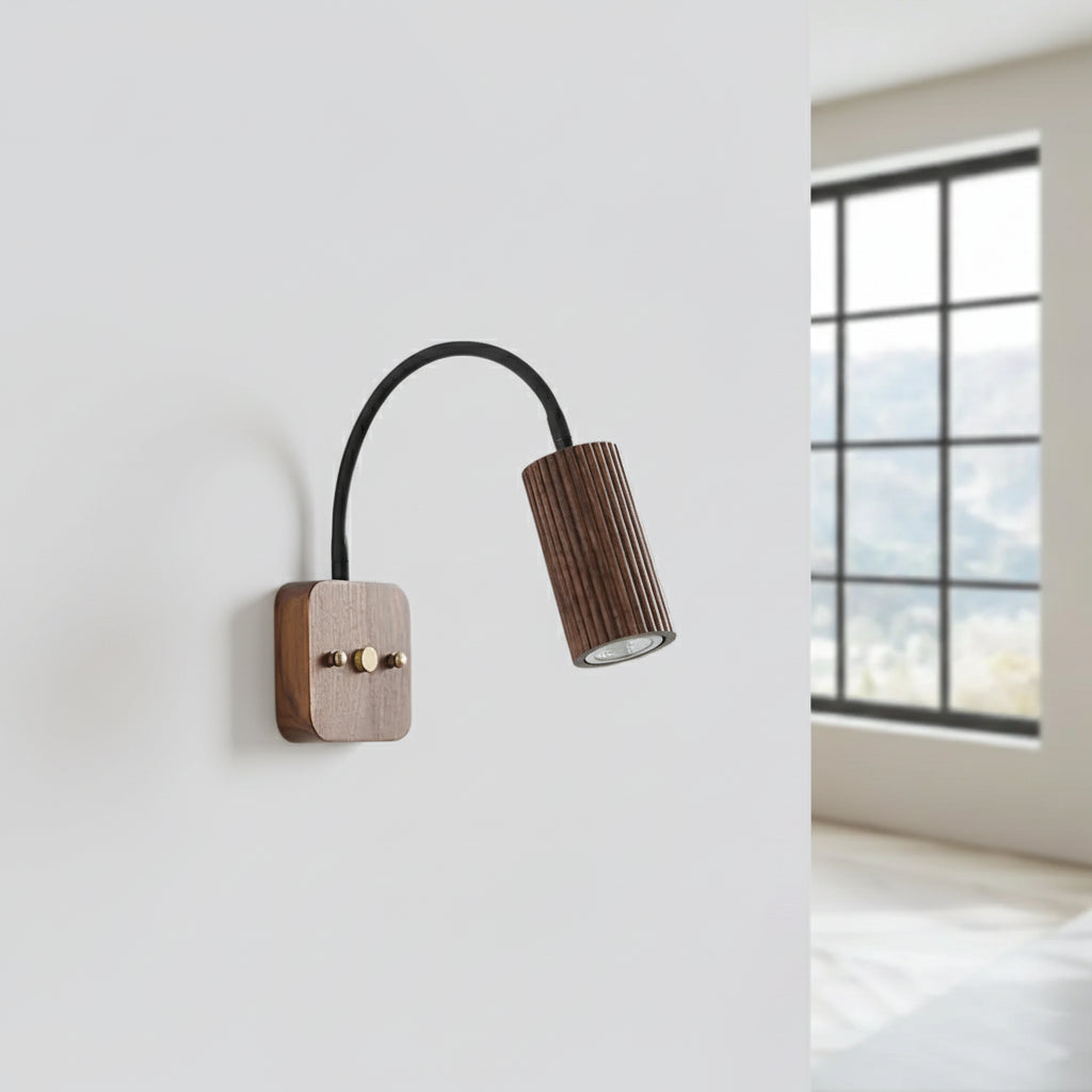 Wall Lamp Scandinavian with Flexible Arm and Ribbed Wood Cylinder Shade