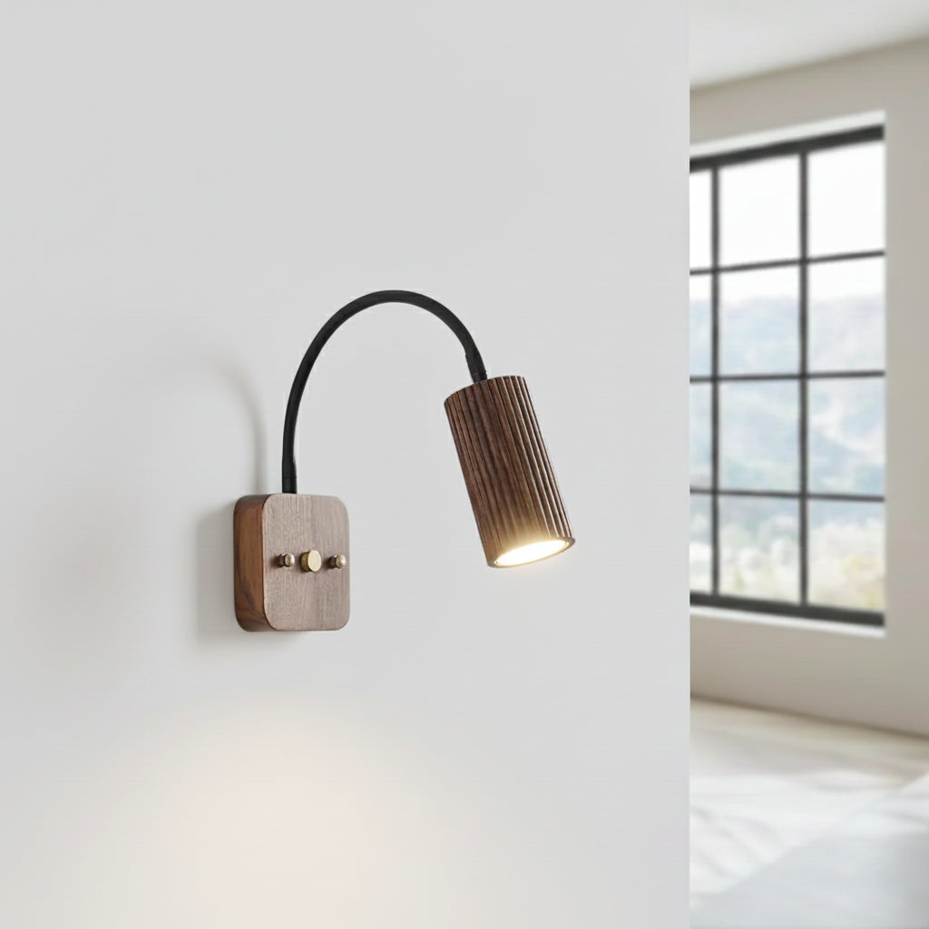 Wall Lamp Scandinavian with Flexible Arm and Ribbed Wood Cylinder Shade