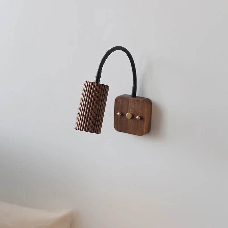 Wall Lamp Scandinavian with Flexible Arm and Ribbed Wood Cylinder Shade