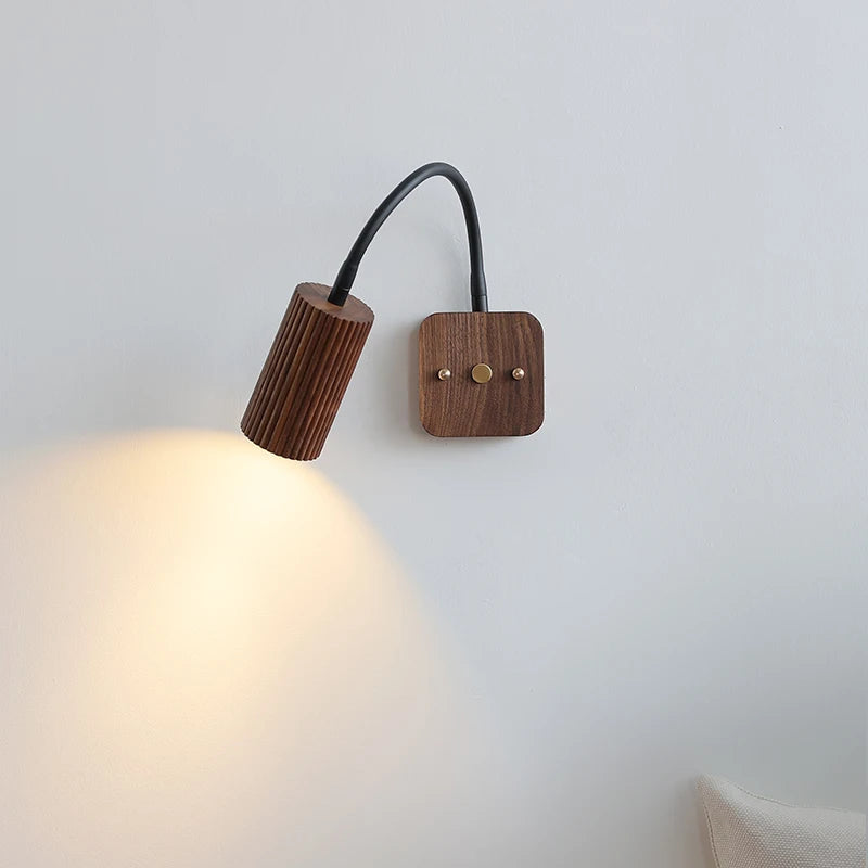 Wall Lamp Scandinavian with Flexible Arm and Ribbed Wood Cylinder Shade