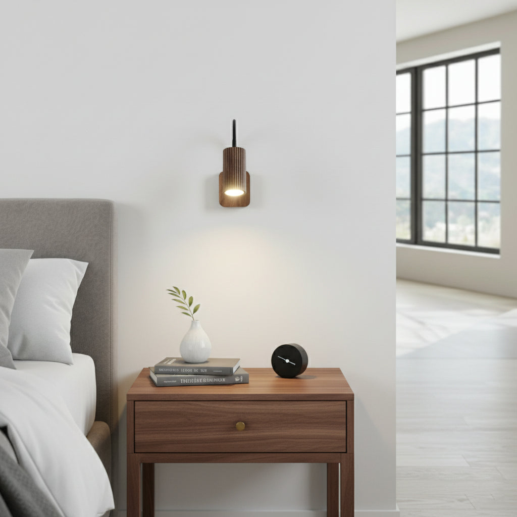 Wall Lamp Scandinavian with Flexible Arm and Ribbed Wood Cylinder Shade