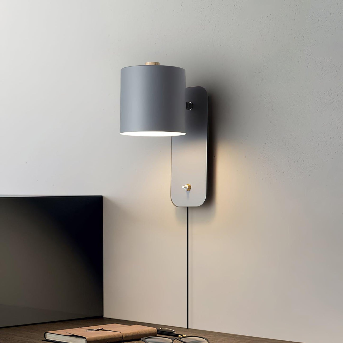 Wall Lamp Scandinavian with Rotatable Cylinder Shade and Plug-In Cord