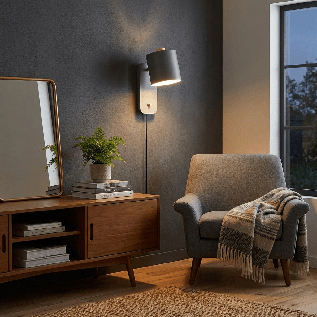 Wall Lamp Scandinavian with Rotatable Cylinder Shade and Plug-In Cord