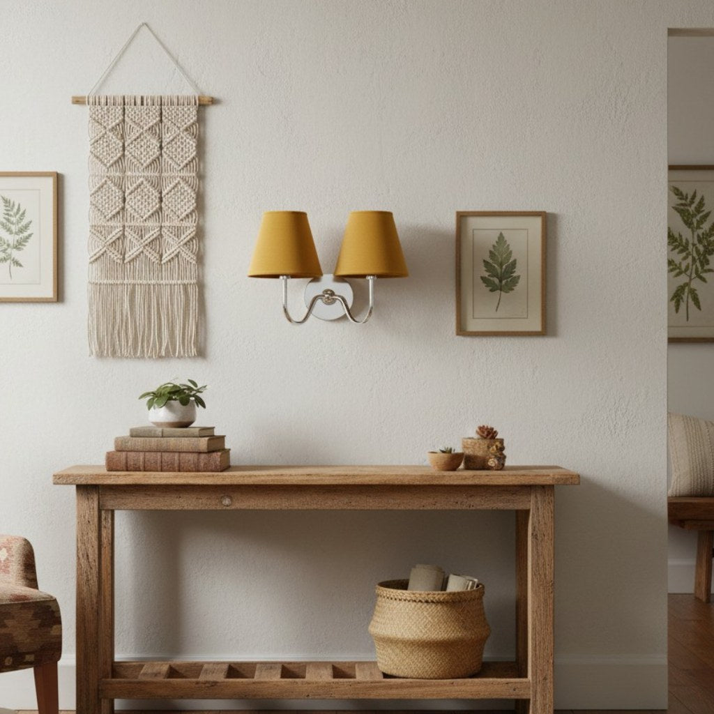 Wall Lamp Traditional with Double Fabric Shade and Curved Arms