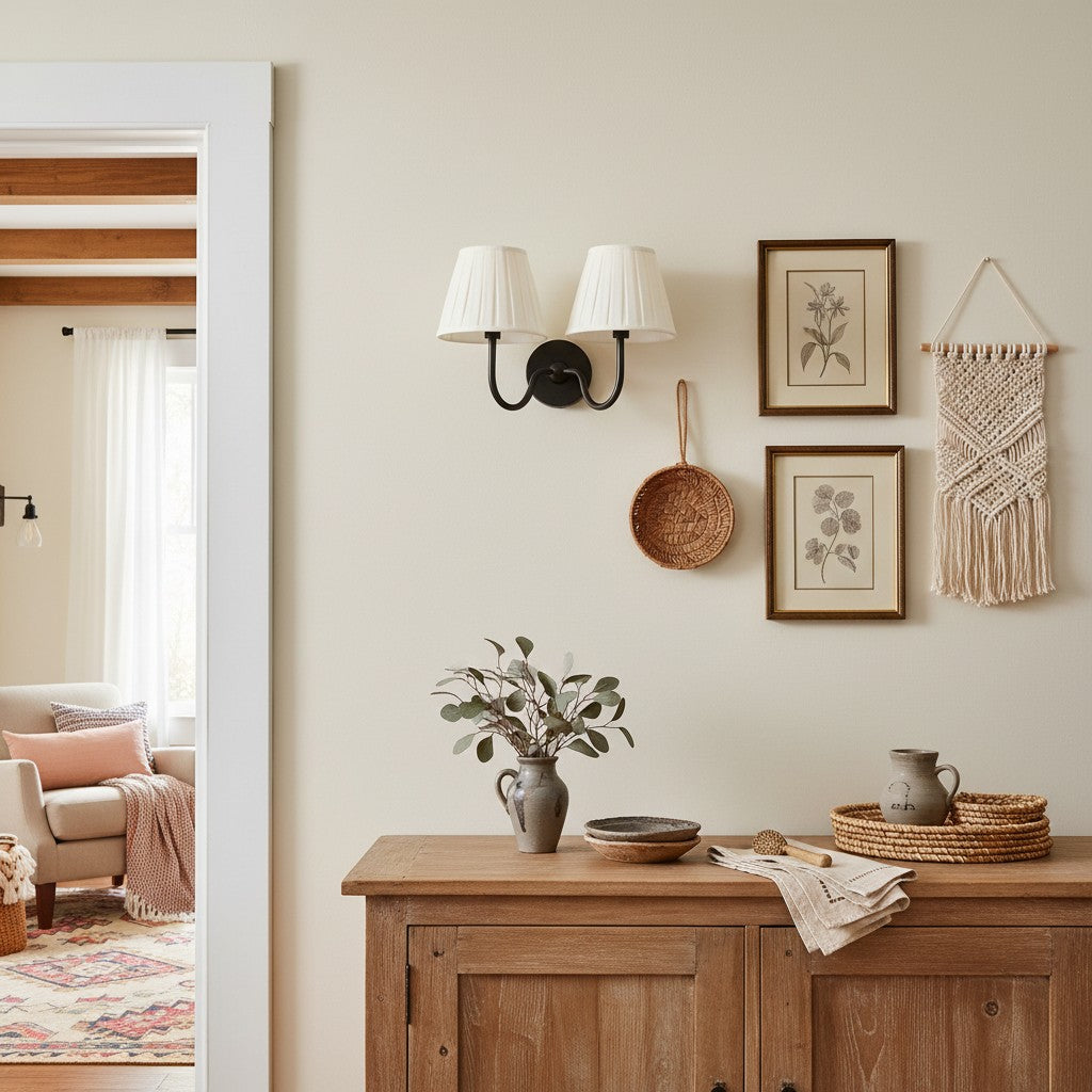 Wall Lamp Traditional with Double Fabric Shade and Curved Arms