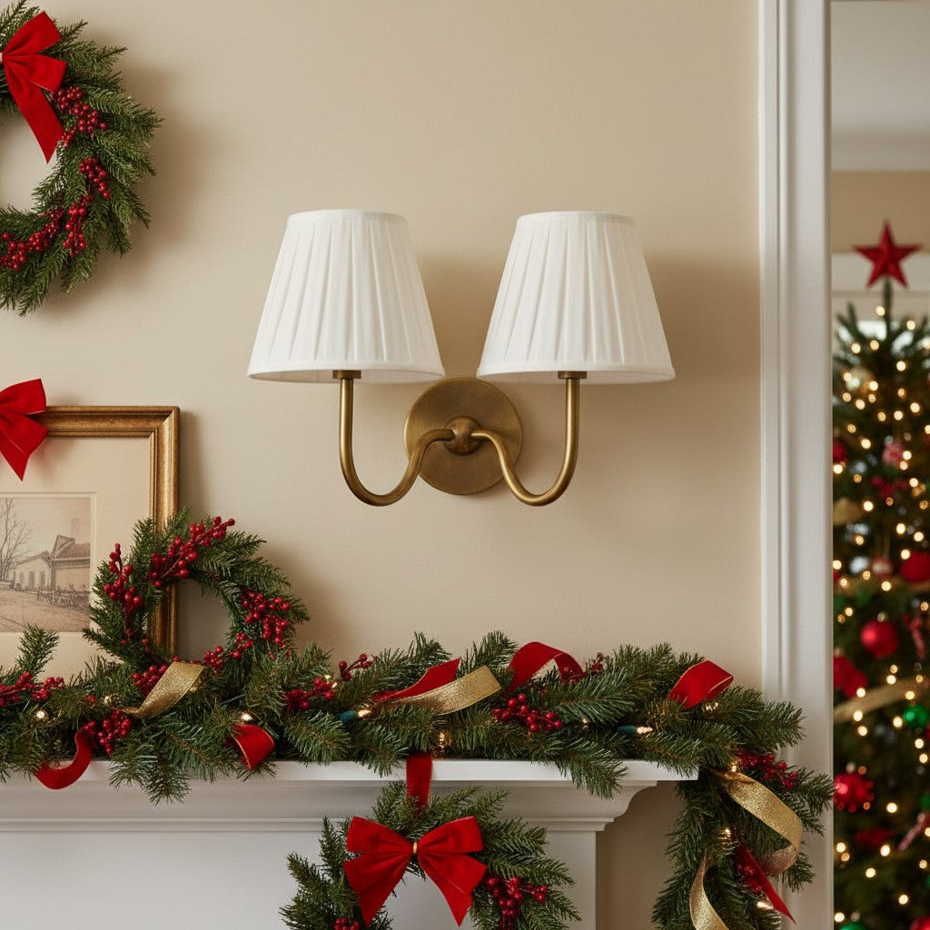 Wall Lamp Traditional with Double Fabric Shade and Curved Arms