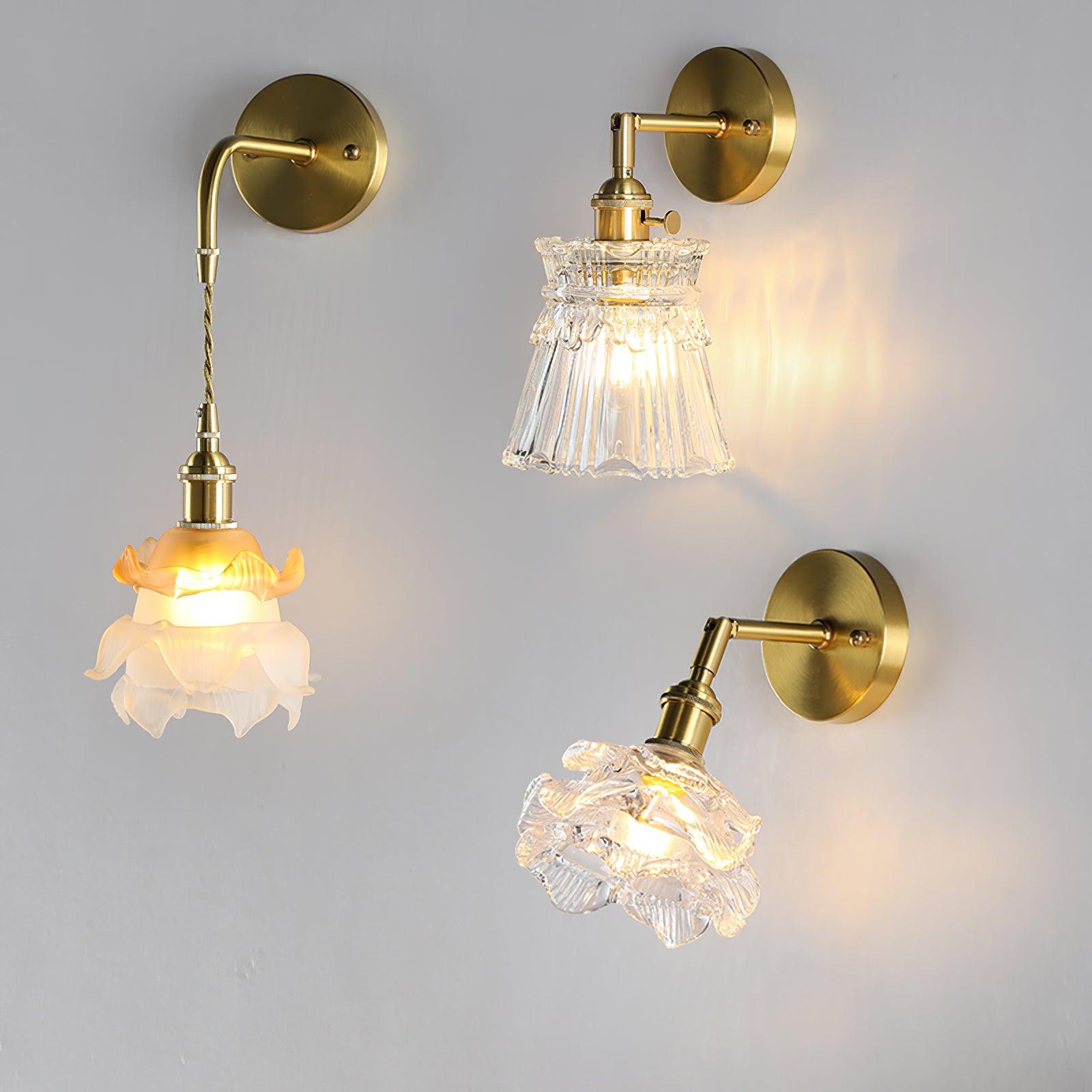 Wall Lamp Vintage with Ribbed Glass Shade and Brass Arm