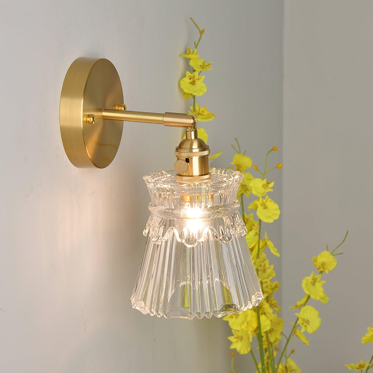 Wall Lamp Vintage with Ribbed Glass Shade and Brass Arm