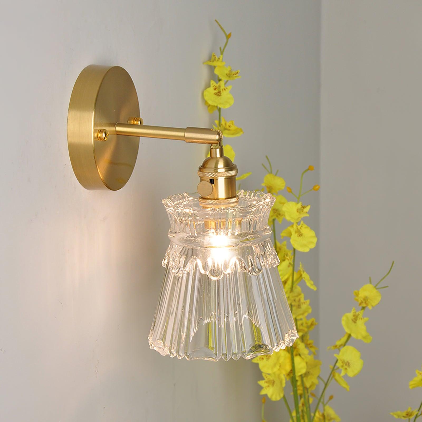 Wall Lamp Vintage with Ribbed Glass Shade and Brass Arm